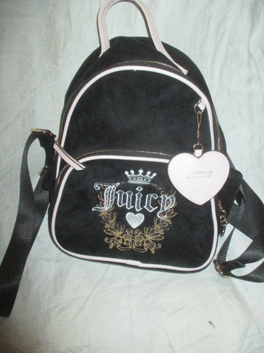 Juicy Couture Black & Pink Small Logo Embroidered Backpack Heart Keychain EUC